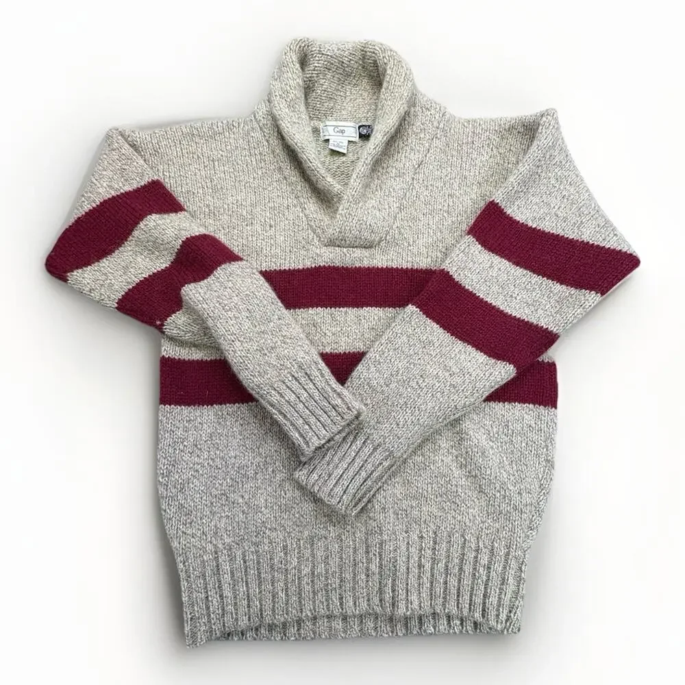 Vintage 80s GAP 100% Wool Cowl Neck Sweater Beige Maroon Stripe MED/LRG - Picture 2 of 8